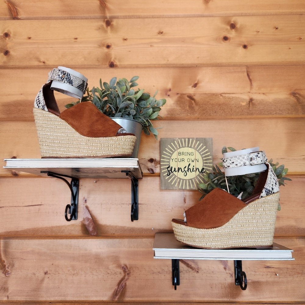 Matt Bernson Leather Platform Wedge Sandals Snake Espadrille Open Toe Heel Sz 6B